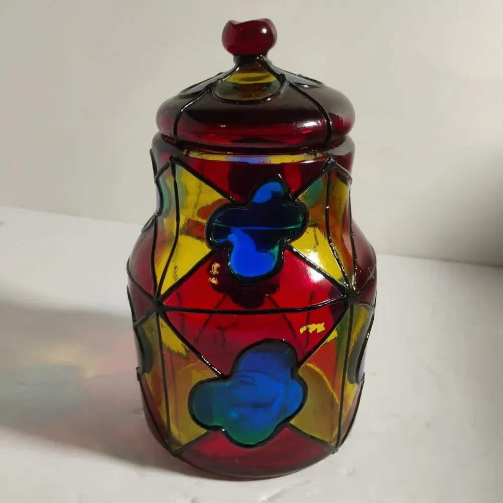 Vintage Vidrio  Stained Glass Lidded Jar, 8